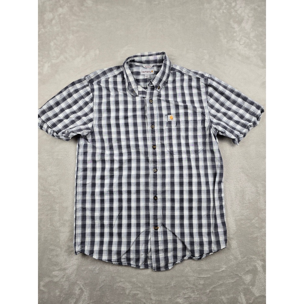 Carhartt Button Down Shirt Men M Grey Plaid Short Sleeve Relaxed Fit 104174 Read